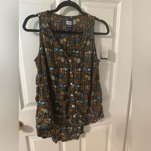 Kavu Sleeveless Button-Front Geometric Print Top in Blue & Mustard